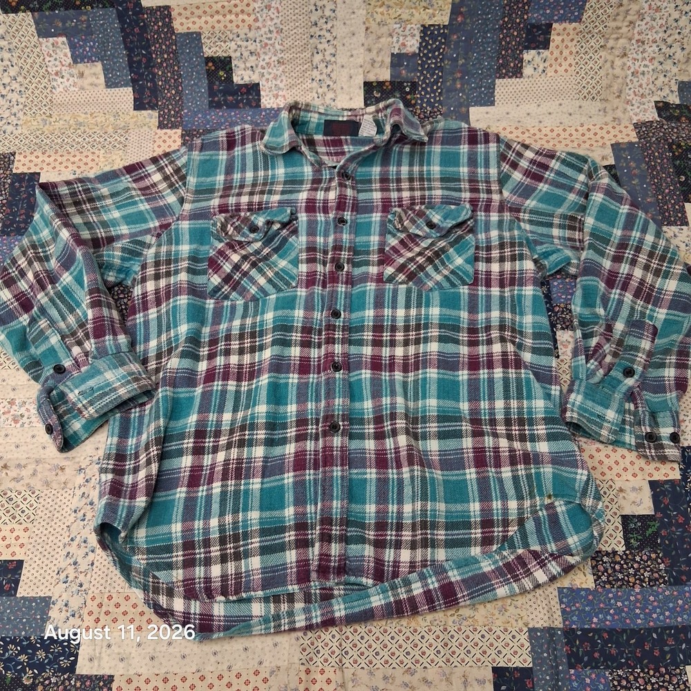 Vintage Dakota Flannel Shirt Mens M Teal Burgundy Plaid Heavyweight Workwear 90s